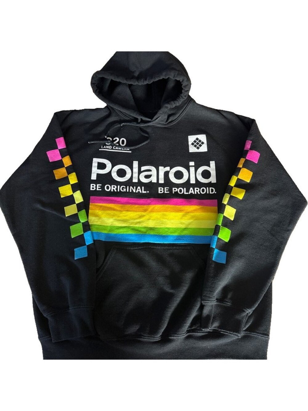 Polaroid Men’s Black Classic Rainbow Logo 320 camera Graphic Fleece Hoodie-Sz. M
